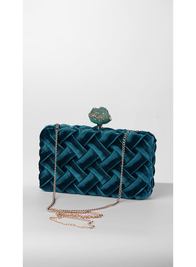 كيفيلي حقيبة كلتش مخملية بنقشة شبكية وحجر فاخر - Image 4